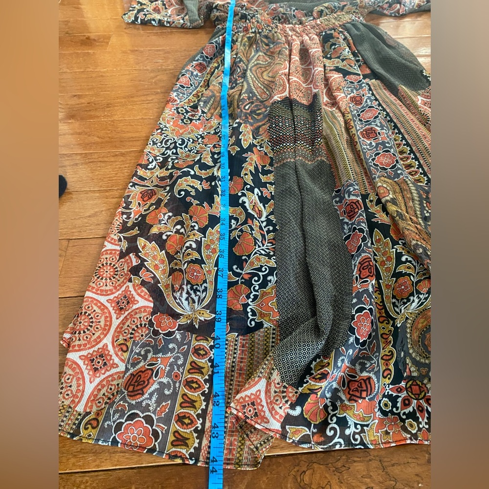 Zara Boho Patchwork Midi Dress Sheer Long Sleeve Smocked Waist Paisley M - Picture 10 of 11
